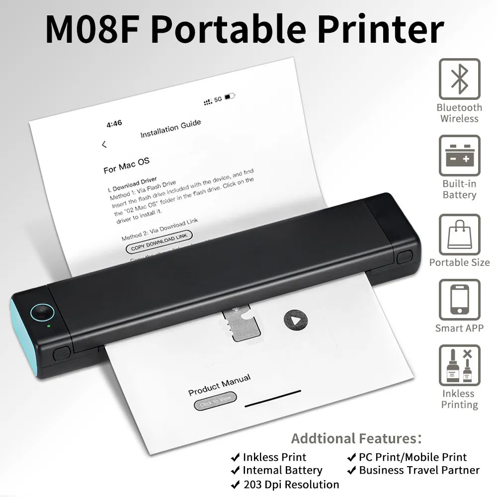 M08F A4 Portable Thermal Printer,Supports 8.26"x11.69" A4 Thermal Paper,Wireless Mobile Travel Printers